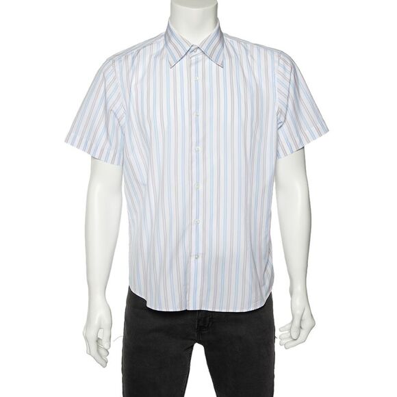 Balmain White Striped Cotton Short Sleeve Shirt L
